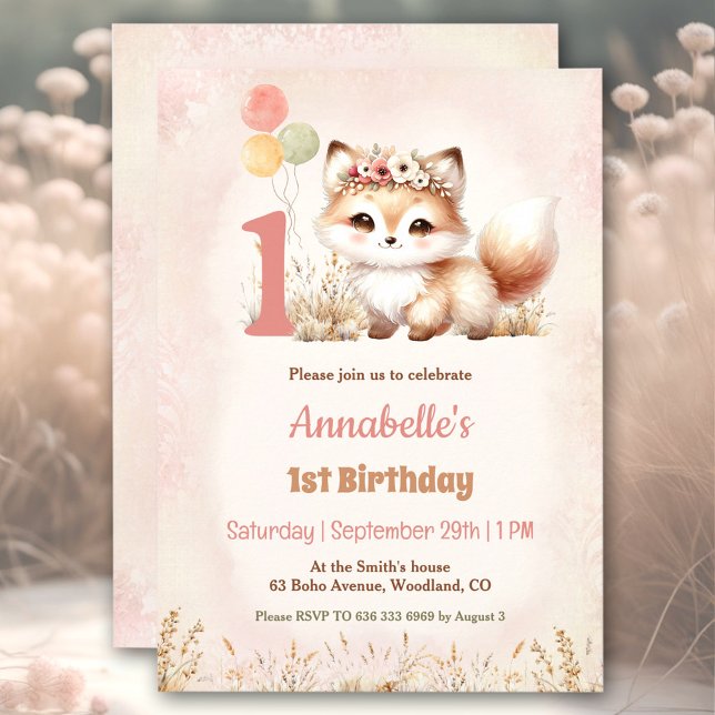 Convites Fox Woodland Boho Pastel primeiro aniversario (Cute Fox Woodland Boho Pastel Girl 1st Birthday Invitation)