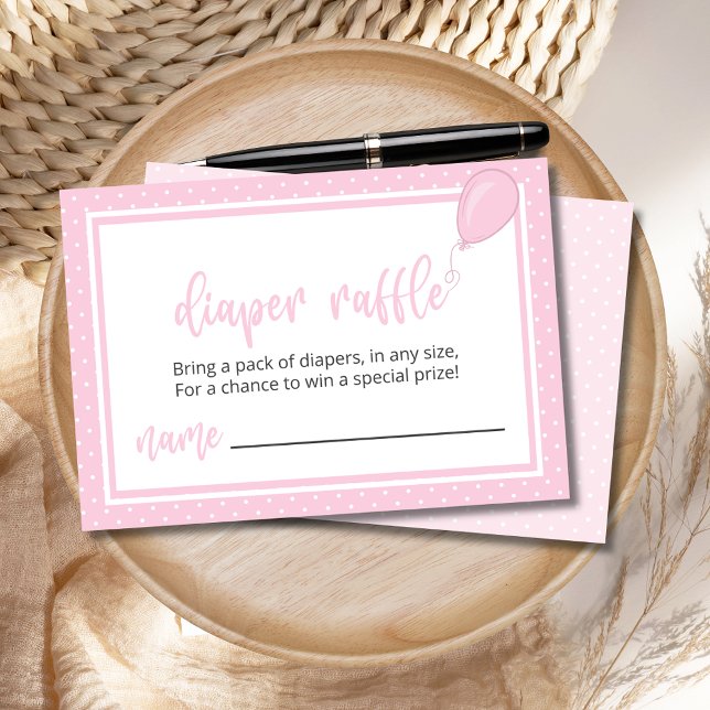 Convites Fralda Raffle Pastel Pink Bolinhas Girl BOHO (Pink Polka Dot Diaper Raffle Enclosure Card with Balloon, Customize with Your Own Poem.)