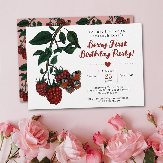 Convites Framboesa Vermelha Cura, Berry, Primeira Festa de  (Berry first birthday party invitations with a beautiful illustration of a butterfly on a raspberry)