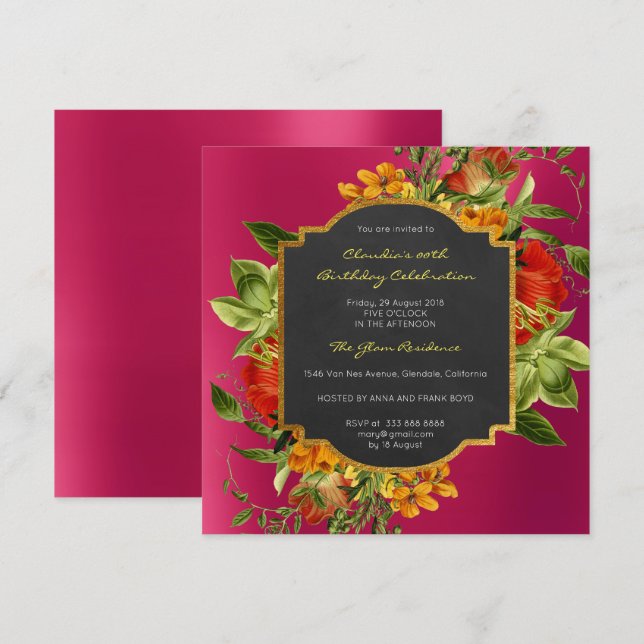 Convites Frame cor-de-rosa, Frame Dourado Barroco Floral (Frente/Verso)