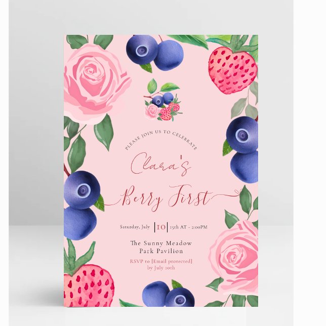 Convites Frame de Airelas e Morangos com Rosas Rosa (Blueberries & Strawberries Frame with Pink Roses First Birthday Invitation)