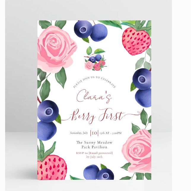 Convites Frame de Airelas e Morangos com Rosas Rosa (Blueberries & Strawberries Frame with Pink Roses First Birthday Invitation)