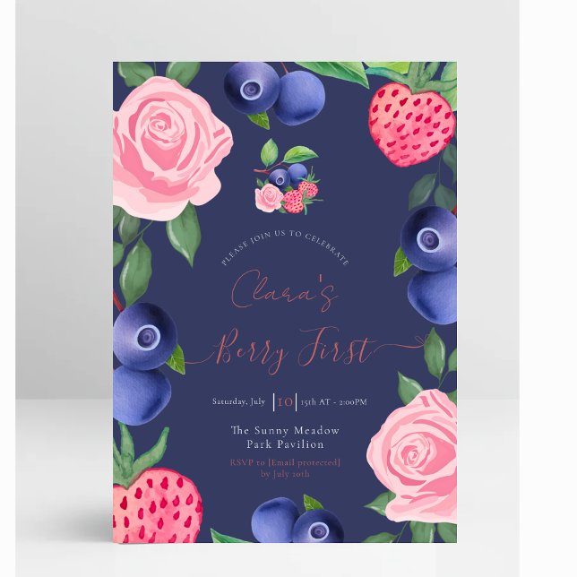Convites Frame de Airelas e Morangos com Rosas Rosa (Blueberries & Strawberries Frame with Pink Roses First Birthday Invitation)