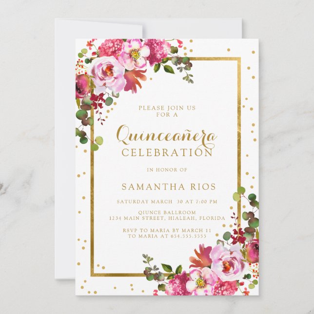 Convites Frame de Ouro e Frame Floral Rosa Elegante Quincea (Frente)
