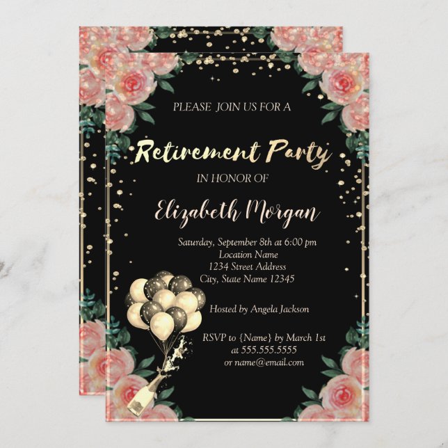 Convites Frame de Ouros, Balões, Festa de Reforma Floral (Frente/Verso)