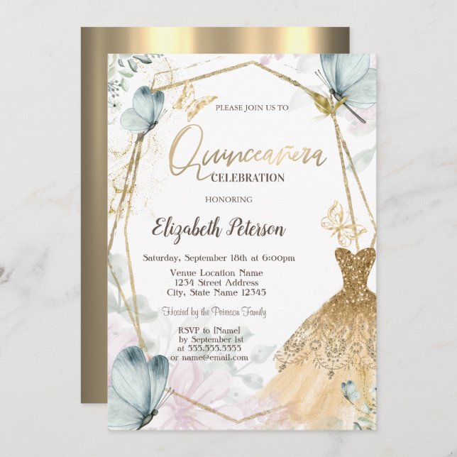 Convites Frame Dourado de Borboletas Azuis de Dresa (Frente/Verso)