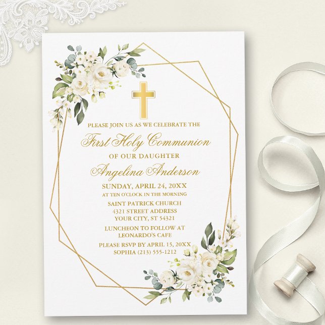 Convites Frame Dourado de Geo Floral Branco da Watercolor (Customize to change text color, size, style or to add photos or more text to back of card.)