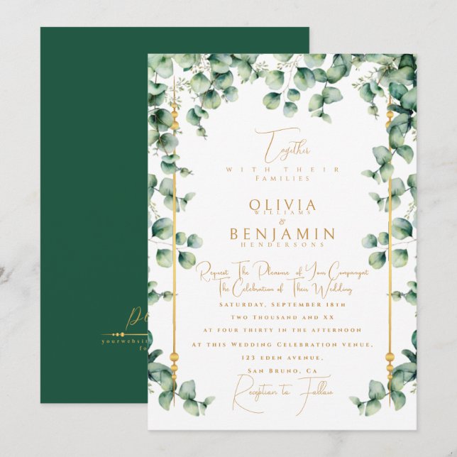 Convites Frame Dourado Elegante e Casamento Verde Eucalyptu (Frente/Verso)