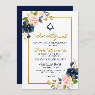Convites Frame Dourado Floral Azul Elegante Rosa, Bat Mitzv