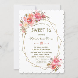 Convites Frame Dourado Floral de Lâmpada Doce Dezesseis