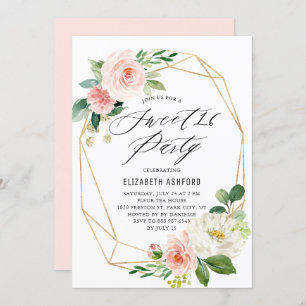 Convites Frame Dourado geométrico Rosa Florais Doce 16 Part