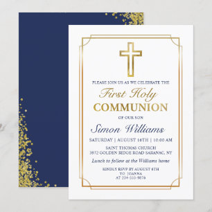 Convites Frame Dourado Marinho Azul Primeira Comunhão Sagr