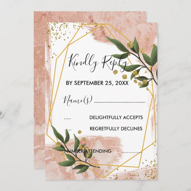 Convites Frame Dourado Moderno Ivory Green RSVP (Frente/Verso)