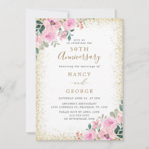 Convites Frame Dourado Rosa Floral 50º Aniversário de Casam