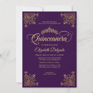 Convites Frame Dourado Violeta Púrpura Clássica Tiara Quinc