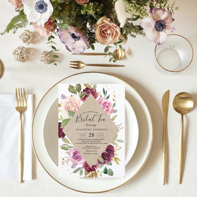 Convites Frame Floral Colorido Rustic Burgundy Kraft (Criador carregado)