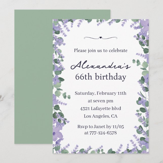 Convites Frame Floral da Lavanda Elegante 66 anos (Frente/Verso)
