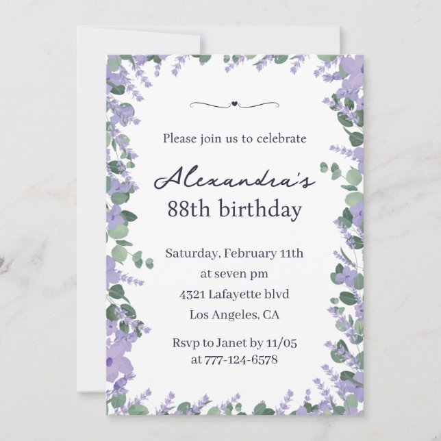 Convites Frame Floral da Lavanda Elegante 88 anos (Frente)