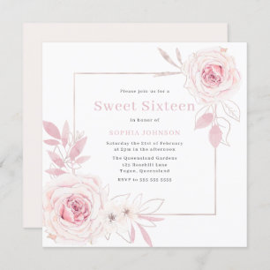 Convites Frame Floral Floral de Blush Elegante Doce 16 Deze