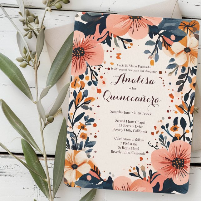 Convites Frame Floral Suave Quinceañera PERSONALIZADO (Soft Muted Floral Frame Quinceañera CUSTOM Invitation
)