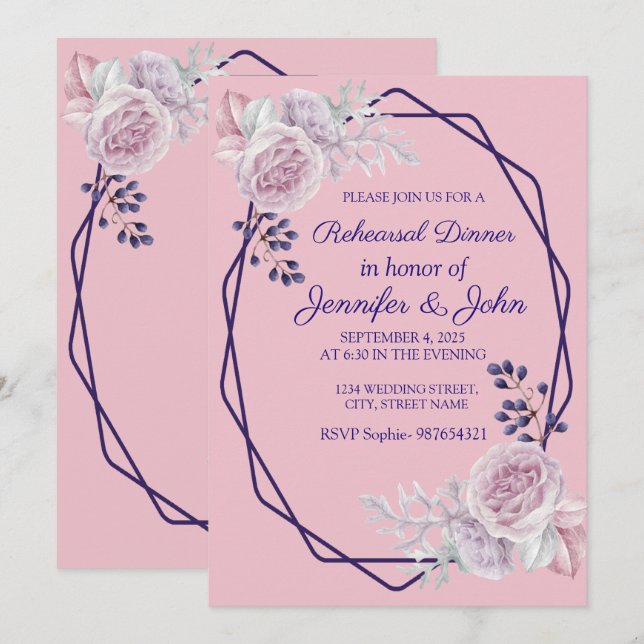 Convites Frame Geométrico Púrpura de Peões Rosa (Frente/Verso)