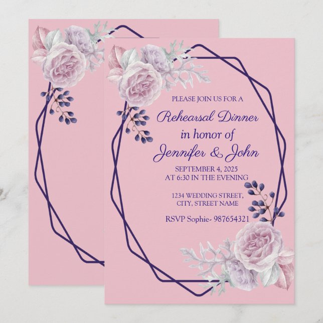 Convites Frame Geométrico Púrpura de Peões Rosa (Frente/Verso)