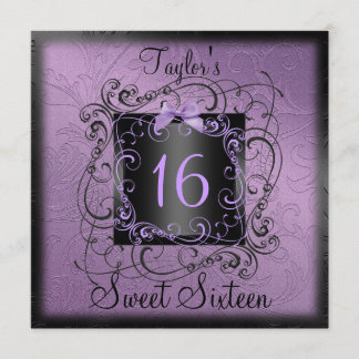 Convites Frame Roxo e Preto Sweet16 Aniversário Convidar