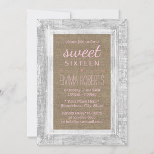 Convites Frame Rustic Wood Burlap Sweet 16 Pink Birthday