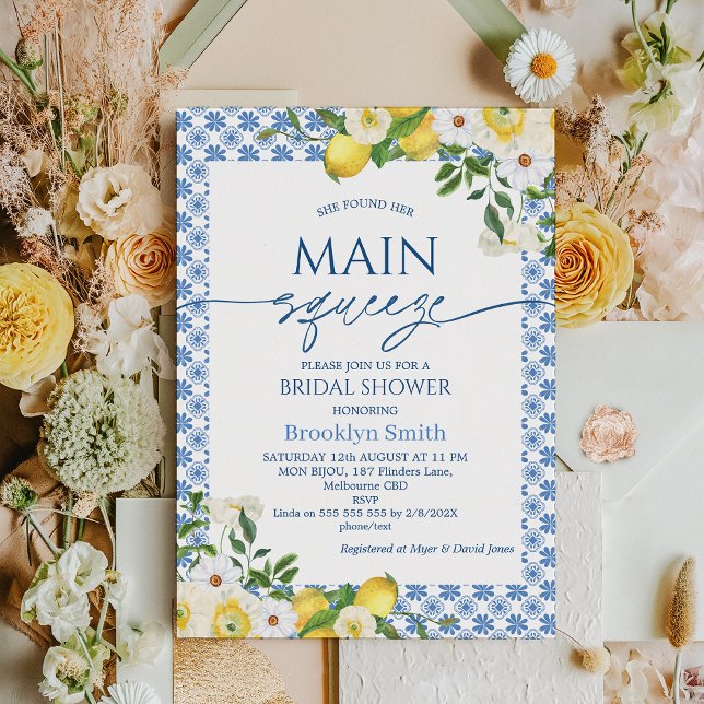 Convites Frame Yellow Floral Lemon Themed Chá de panela (Lemon Bridal Shower Invitation Temple, Blue Tiles Floral Lemon Bridal Shower Invite, Mediterranean )