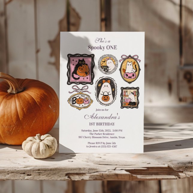 Convites Framed Ghost & Cat Halloween 1st Birthday (Criador carregado)