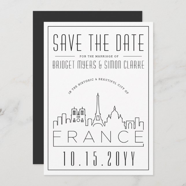 Convites França Wedding | Skyline Estilizado Salvar a Data (Frente/Verso)
