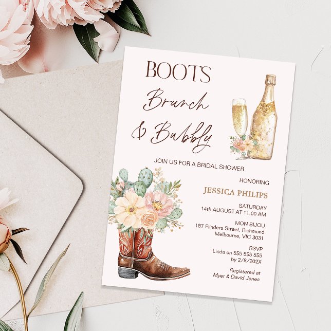 Convites Frasco Blush Boot Chá de panela de Bolha Brunch (Boots Brunch and Bubbly Bridal Shower invitation Template, Cactus Floral Cowboy Boots Bridal Shower )