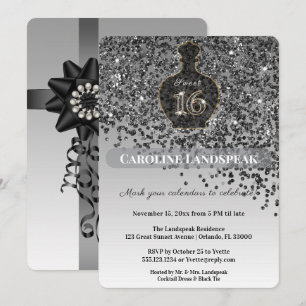 Convites Frasco de Perfume Sweet 16 Noir Preto Brilho Prata
