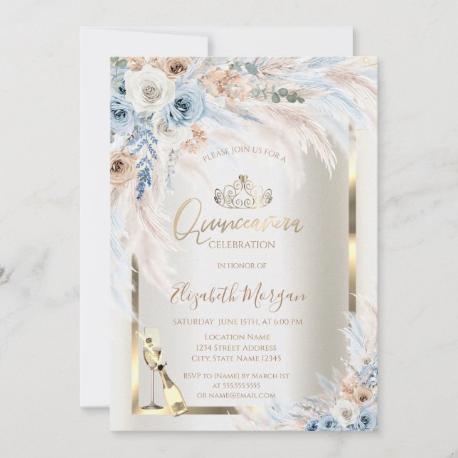 Convites Frasco de vidro Rosas azuis Pampas Grass Quinceane (Frente)