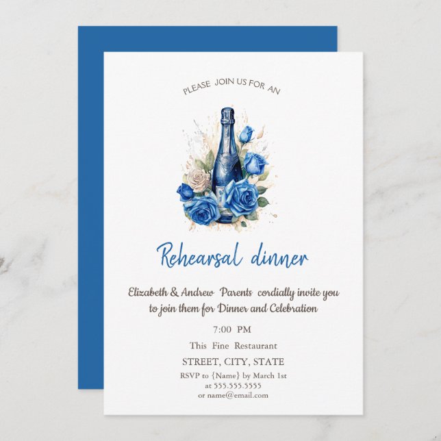 Convites Frasco de Vinho Rosas Azul Janto de ensaio (Frente/Verso)