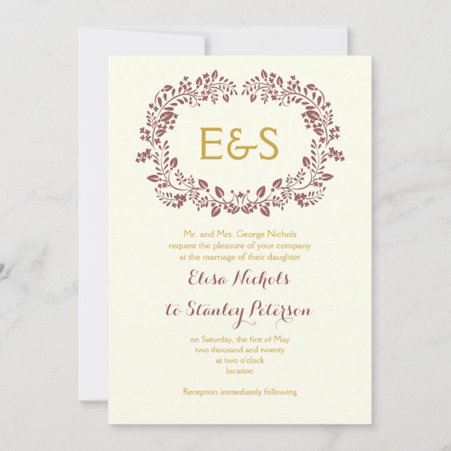 Convites Frasto de folhagem de Marsala com iniciais de casa (Frente)