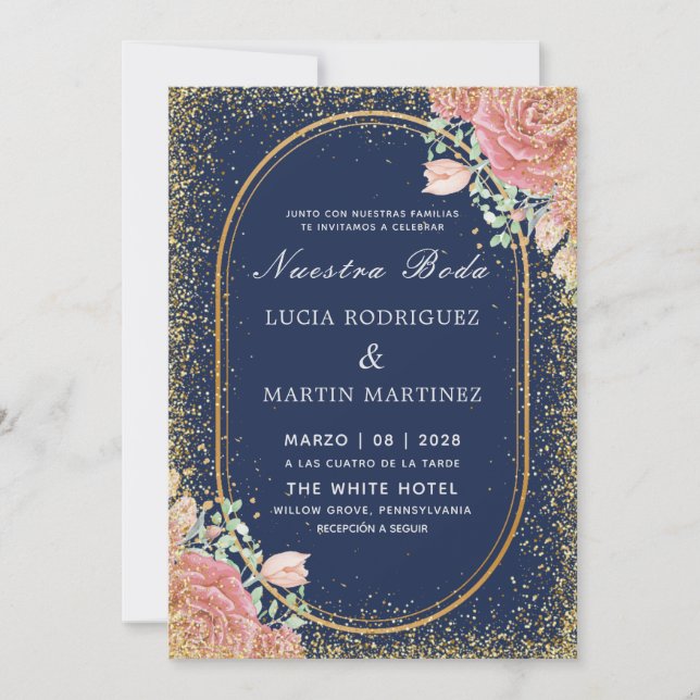 Convites Fratura Dourada floral - Marinho brilhante Nuestra (Frente)