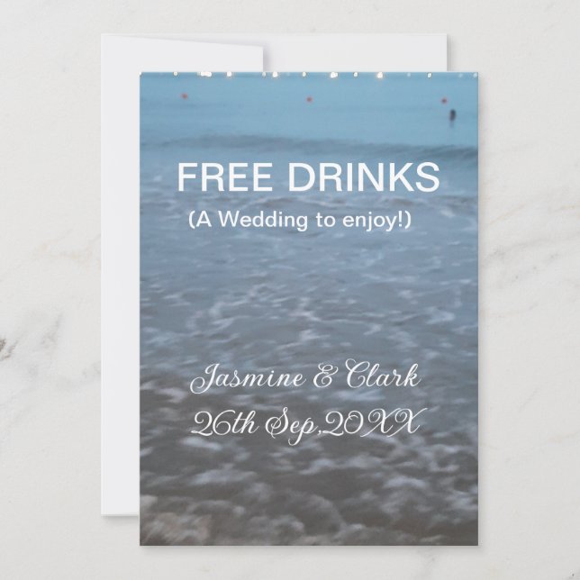 Convites Free drinks save the date beach wedding add name  (Frente)