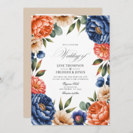 Convites French Blue, Coral, and Sand Beige Floral Wedding