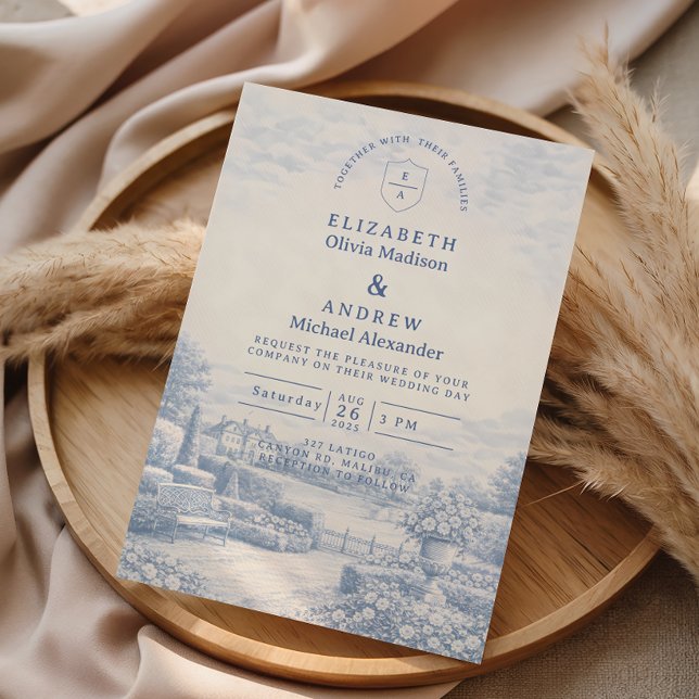Convites French Blue Countryside Toile Wedding (Criador carregado)