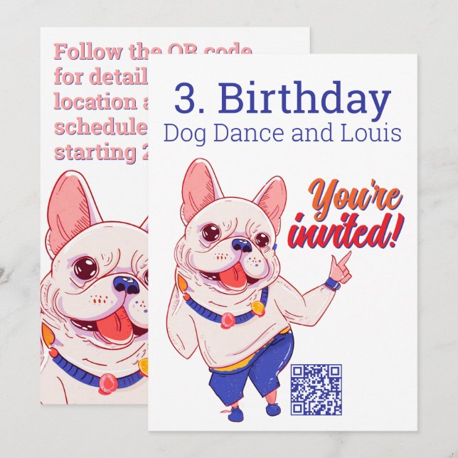 Convites French Bulldog 3. Birthday Invitation  (Frente/Verso)