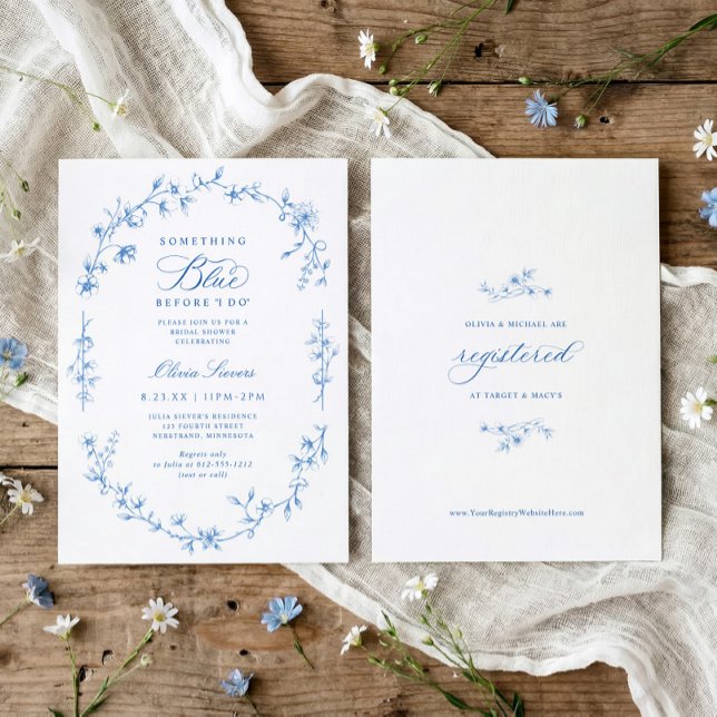 Convites French Chinoiserie Something Blue Bridal Shower (Something blue before I do bridal shower invitation with blue French wildflower toile design)