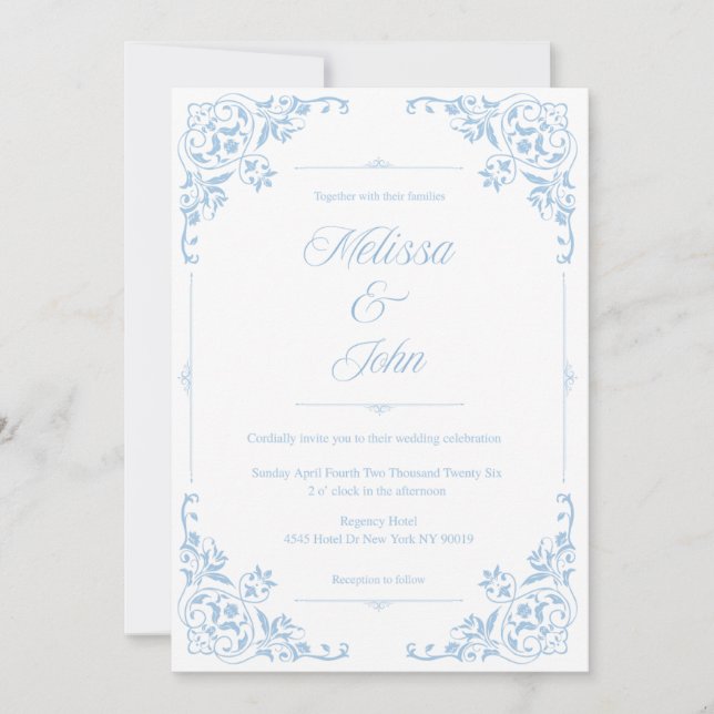 Convites French Country Blue Filigree Wedding invitation (Frente)
