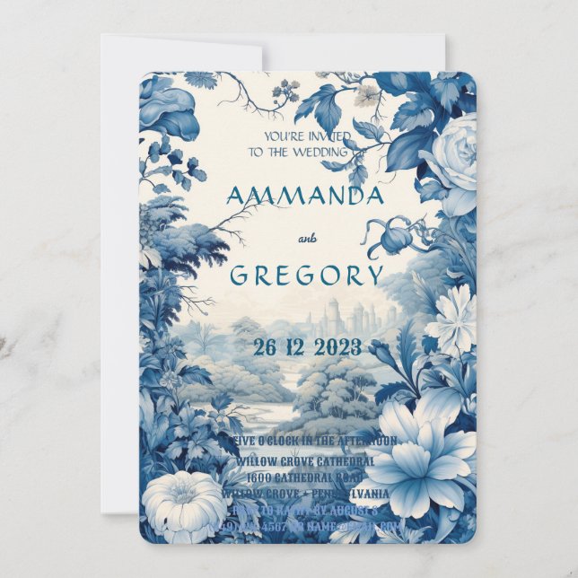 Convites French Floral Toile Blue Invitation (Frente)