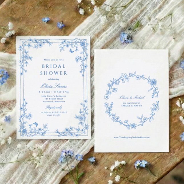 Convites French Toile Chinoiserie Blue White Bridal Shower (Blue and white wildflower bridal shower invitation with French vintage toile corner florals)