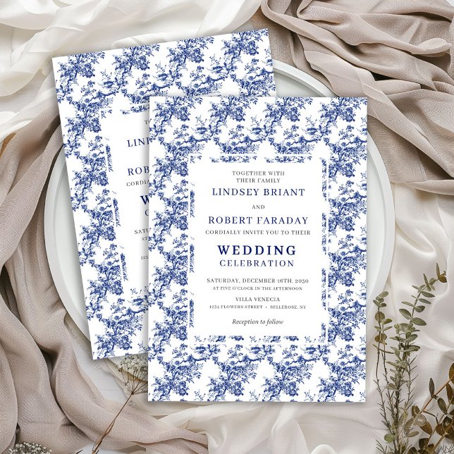 Convites French Toile de Jouy Blue Floral Wedding Invite (Elegant Blue Toile Floral Wedding Invitation Design)