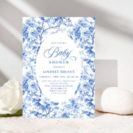 Convites French Toile de Jouy Blue Roses Baby Shower Invite