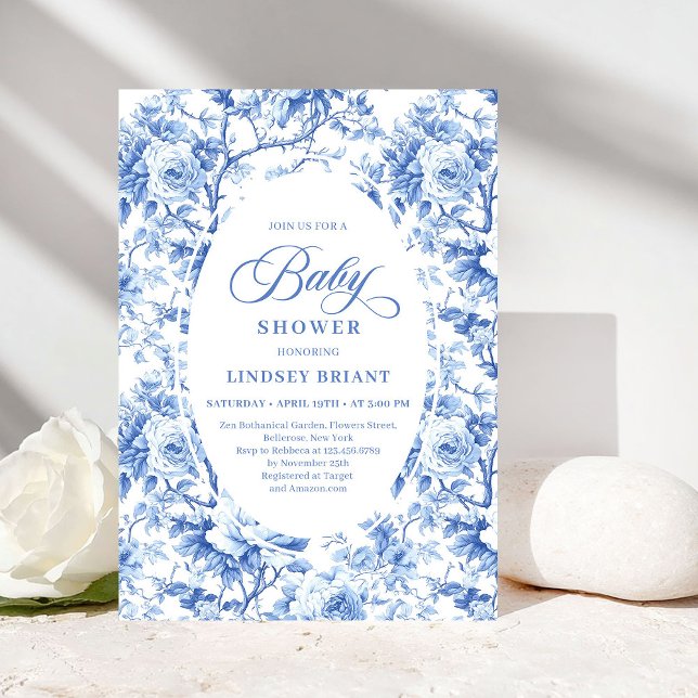 Convites French Toile de Jouy Blue Roses Baby Shower Invite (French Toile de Jouy Blue Roses Baby Shower Invitation)