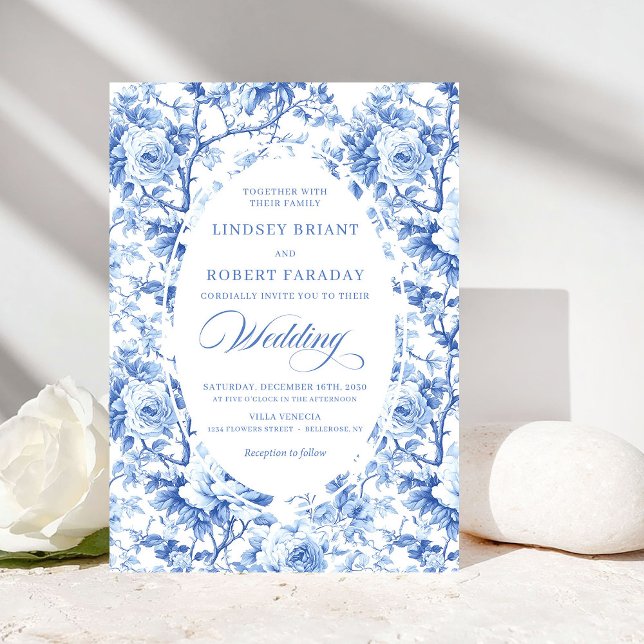 Convites French Toile de Jouy Blue Roses Elegant Wedding  (French Toile de Jouy Blue Roses Elegant Wedding Invite)