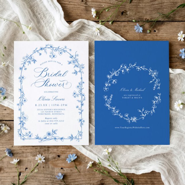 Convites French Wildflower Toile Blue Bridal Shower (Blue and white wildflower bridal shower invitation with French vintage toile arch frame)